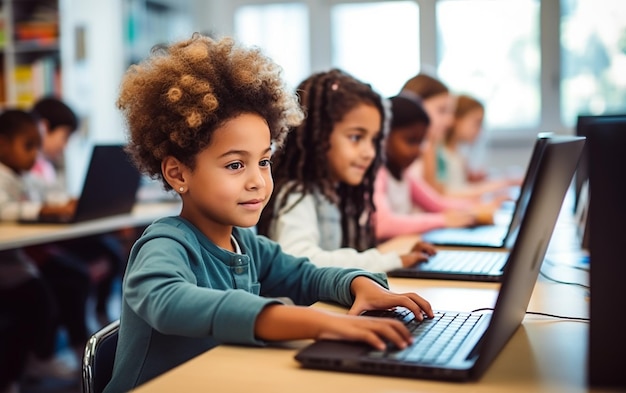 Foto van kinderen die computer leren in hun klaslokaal