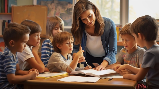 Foto van kinderen die in de klas leren met een leraar