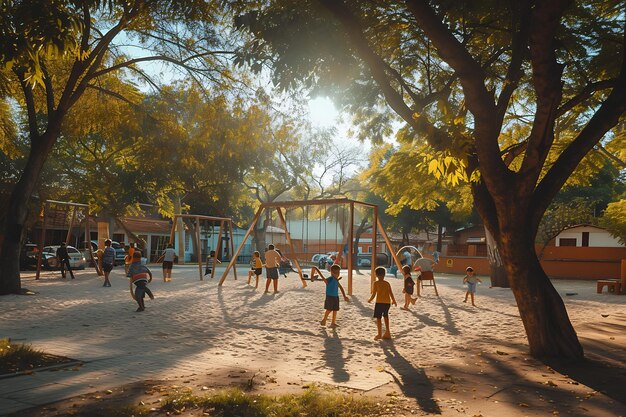 Foto van kinderen die met schommels op een speeltuin in de buurt spelen