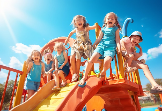 Foto van kinderen die plezier hebben met spelende kinderen in de buitenspeeltuin