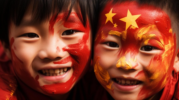 foto van kinderen met een Chinese vlag op hun gezicht geschilderd