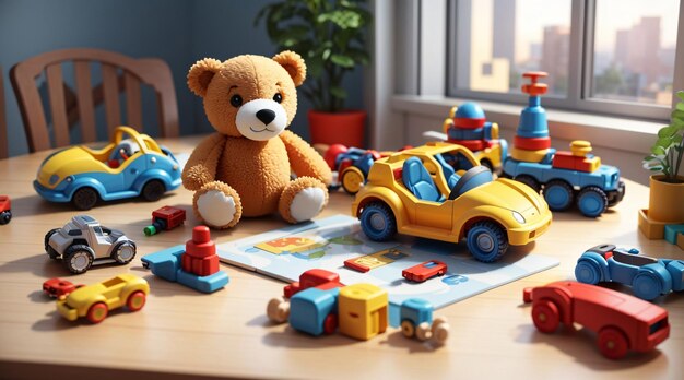 Foto van kleurrijk kinderspeelgoed op houten tafel