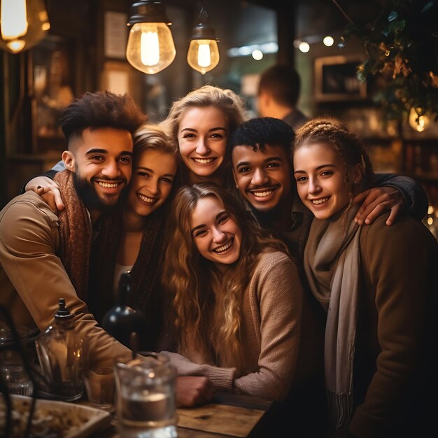 Foto van Knuffels van Vriendschap Groep vrienden knuffelen in een gezellig café W Concept Idea Creatieve scène