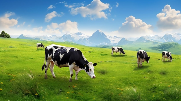 Foto van koeien die op het gras liggen met een prachtig natuurlandschap