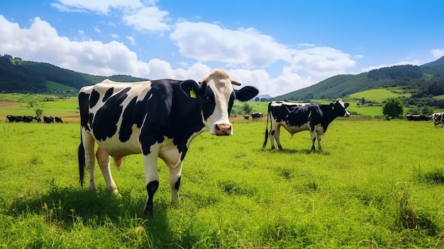 Foto van koeien die op het gras liggen met een prachtig natuurlandschap