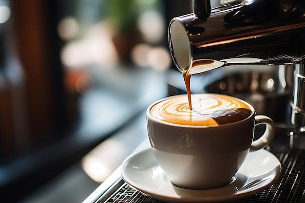 Foto van koffie die in een witte beker wordt gegoten Koffie