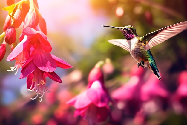 foto van kolibrie die met bloemen vliegt