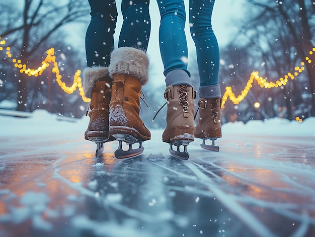 Foto van koppels die schaatsen op een bevroren meer in een schilderachtig Midwes Festival Holiday Concept