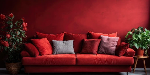 Foto van kussens op de rode bank in de gezellige woonkamer