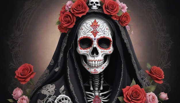 Foto van La Santa Muerte met florale suiker schedel Grim Reaper