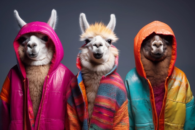 Foto van lama-dieren in grappige kleren in de studio Hoogwaardige foto
