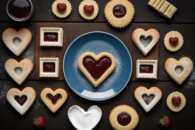 Foto van Linzer-koekjes met een hartvorm en vulling met jam of gelei