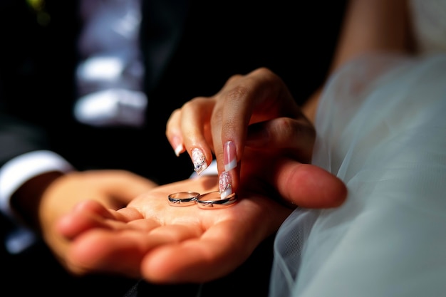 Foto van man en vrouw met trouwring. Bruids ringen in man's hand. Handen close-up.