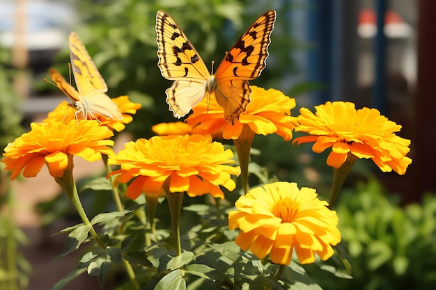 Foto van marigoldbloemen met vlinders