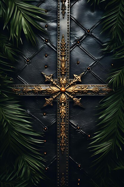 Foto foto van masculine leather sacred cross en metal studded palm leaves goede vrijdag palmsondag kunst