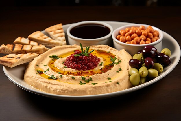 Foto foto van mediterrane hummus met olijven