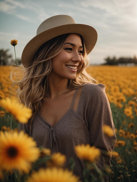Foto foto van meisje glimlacht in de zon bloemveld