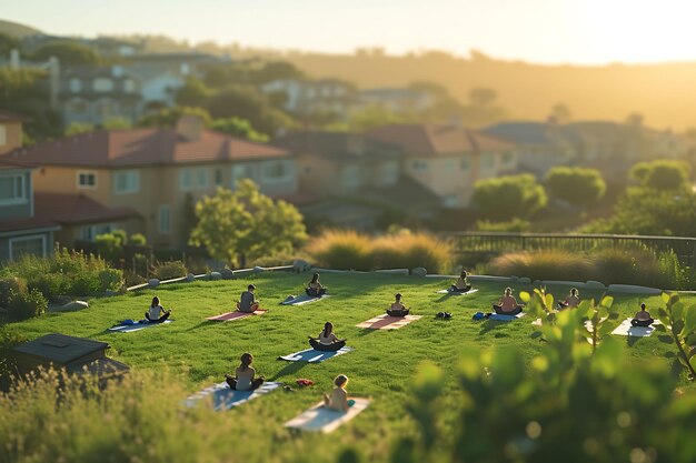 Foto van mensen die deelnemen aan een buurtyoga-sessie op een zonnefeestconcept