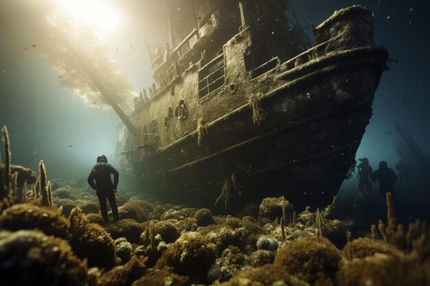 Foto van mensen die duiken in historische en mysterieuze scheepswrakken