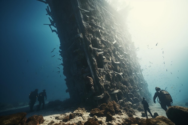 Foto van mensen die duiken in historische en mysterieuze scheepswrakken