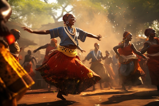 Foto van mensen die genieten van culturele festivals in de open lucht met traditionele dansen