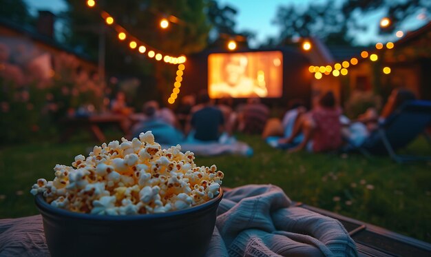 Foto foto van mensen die genieten van een filmnacht in de open lucht met dekens en pop community activities cares