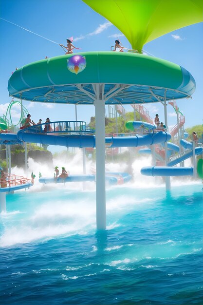 Foto foto van mensen die genieten van een waterglijbaan in een levendig waterpark