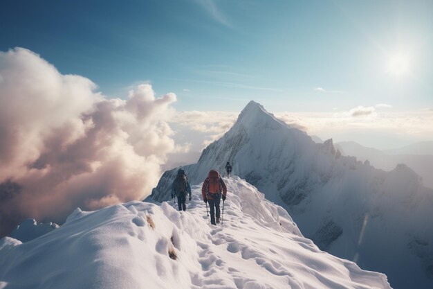 Foto van mensen die in bergen wandelen met verse sneeuw