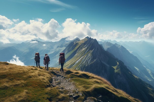 Foto van mensen die in de bergen wandelen met een panoramisch uitzicht