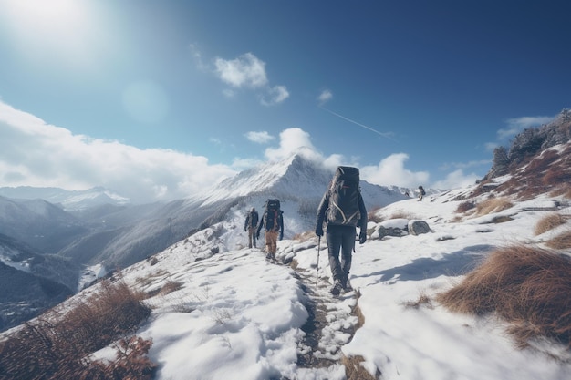 Foto van mensen die in een besneeuwde berg wandelen