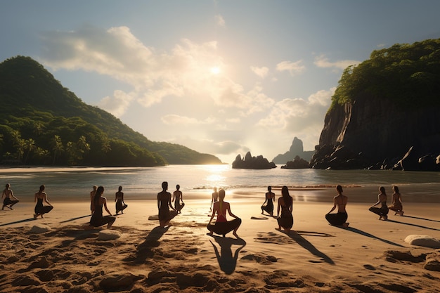 Foto van mensen die yoga beoefenen op tropische stranden