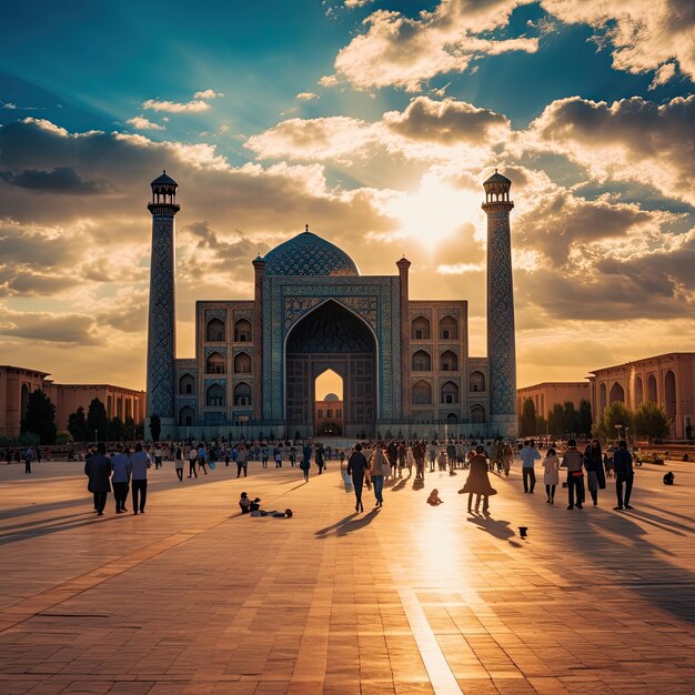 Foto van mensen voor het Registanplein in Oezbekistan