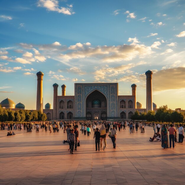 Foto van mensen voor het Registanplein in Oezbekistan