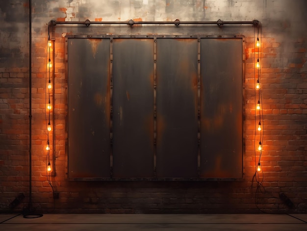 Foto van Metal Grille Wall met Decorative String Lights Industrial a Aesthetic Creative Wallpaper