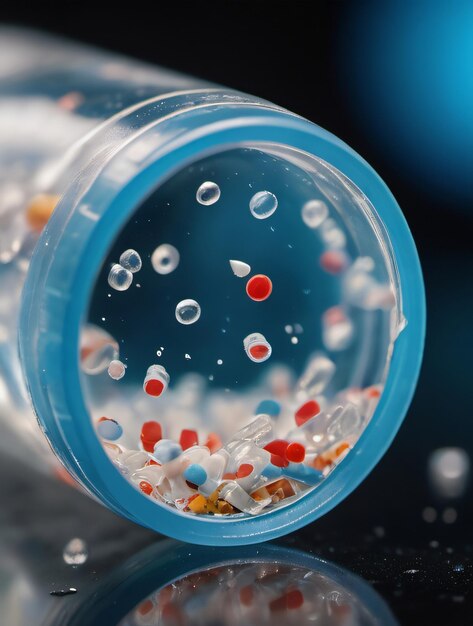 Foto van microplastics in een fles water met de dop zichtbaar