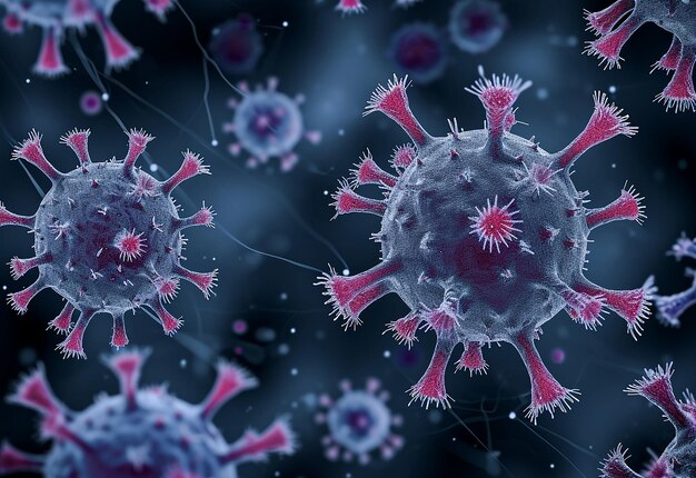 Foto van microscopische kiemen van het coronavirusvirus achtergrond met kopieerruimte 3d-render