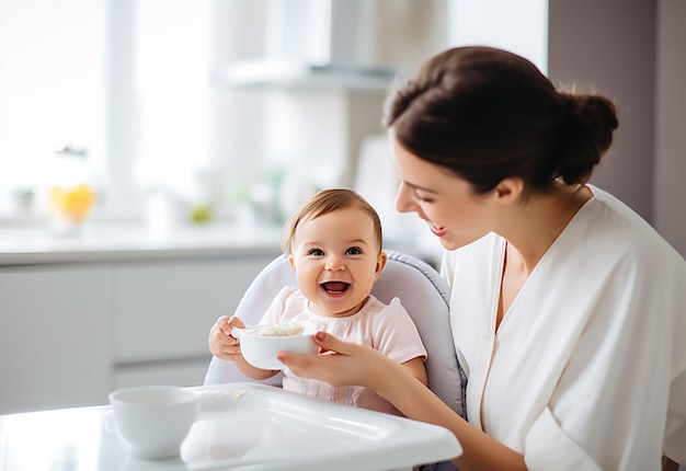 Foto van moeder die baby voedt, baby die gezond voedsel eet