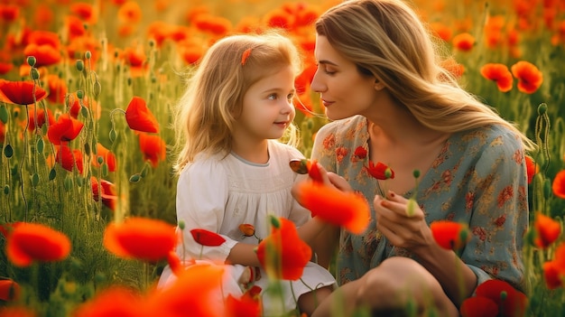 Foto van moeder en dochterliefde in het prachtige natuurlandschap van de papaverbloem