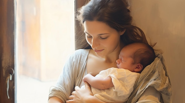 Foto foto van moeder met haar pasgeboren baby