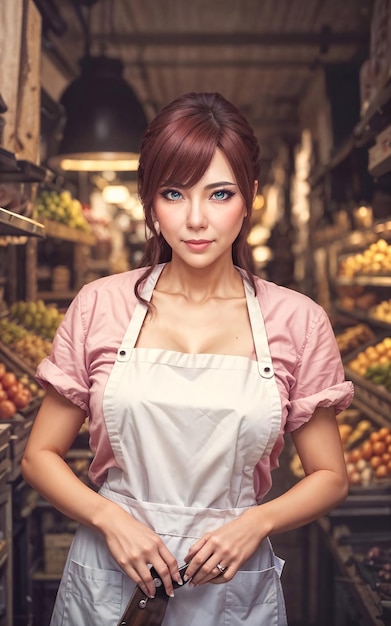 Foto van mooie vrouw als winkelier bij de markt generatieve AI