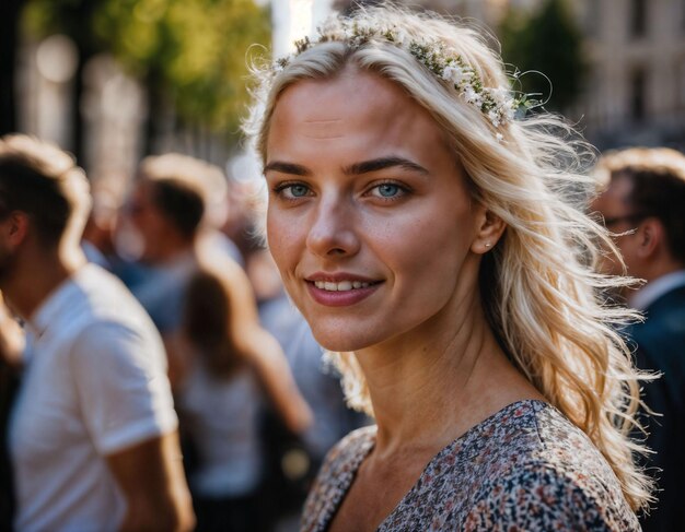 Foto van mooie vrouw in paradestraat in generatieve ai van het land van europa