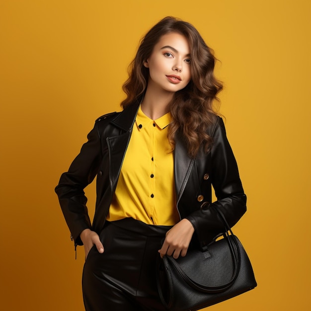 foto van mooie vrouw in zwarte draagtas op gele achtergrond