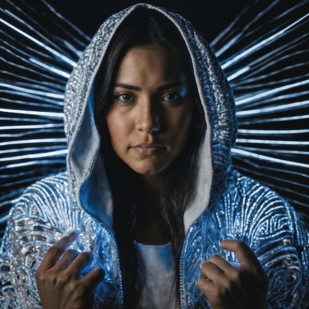 foto van mooie vrouw met blauw licht op zwarte achtergrond generatieve AI