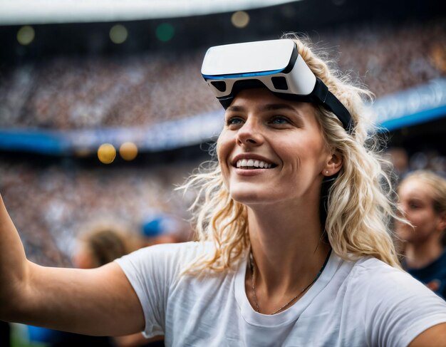 foto van mooie vrouw met VR-brilheadset in stadionsportarena generatieve AI