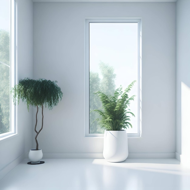 Foto van mooie witte kamer met planten en raam