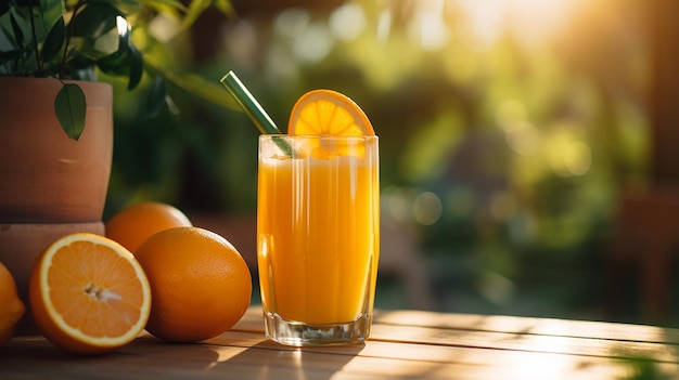 Foto van natuurlijk sappig oranje fruit en sap met oranje boerderij achtergrond