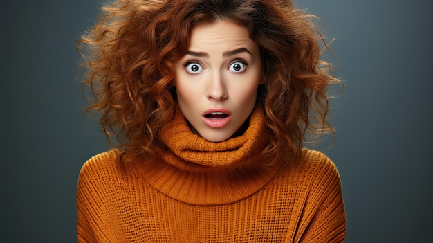 Foto van nerveuze bang vrouw grijpt gezicht en kijkt met bezorgde uitdrukking naar camera ziet fobie bang om te spreken draagt oranje trui geïsoleerd op blauwe achtergrond Menselijke reactie concept