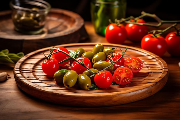 Foto van olijven en kersen tomaten op een bord Olive