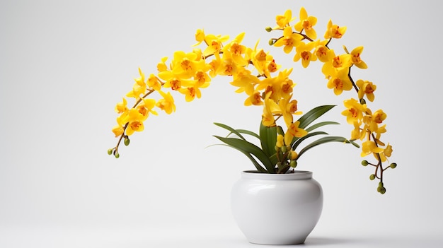 Foto van Oncidium in minimalistische pot als kamerplant voor woondecoratie op witte tafel