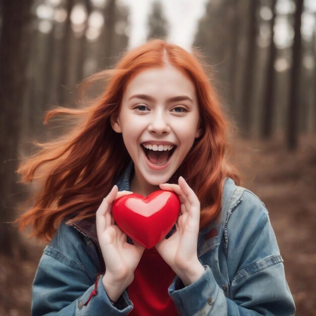 Foto van opgewonden roodharig meisje met een hart.